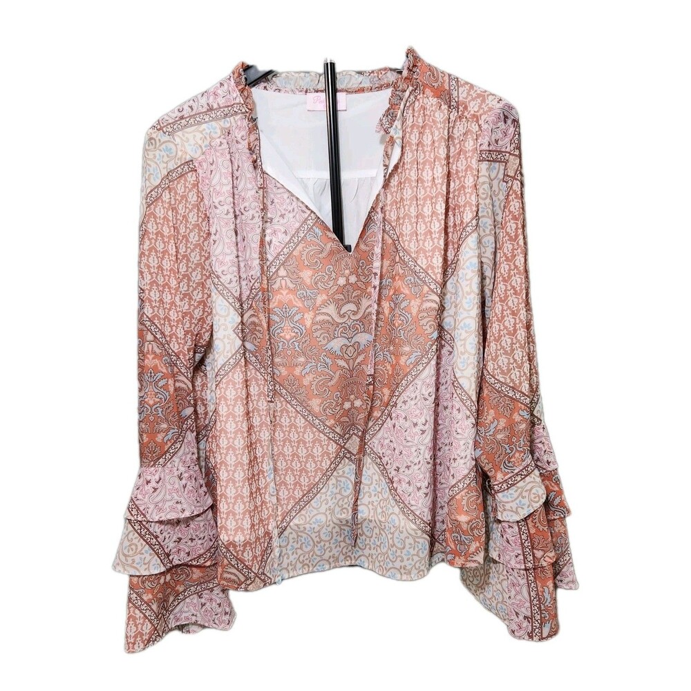 Pink Lady Women's Paisley/Damask Blouse w/ Bell Sleeves Size M Boho Y2K